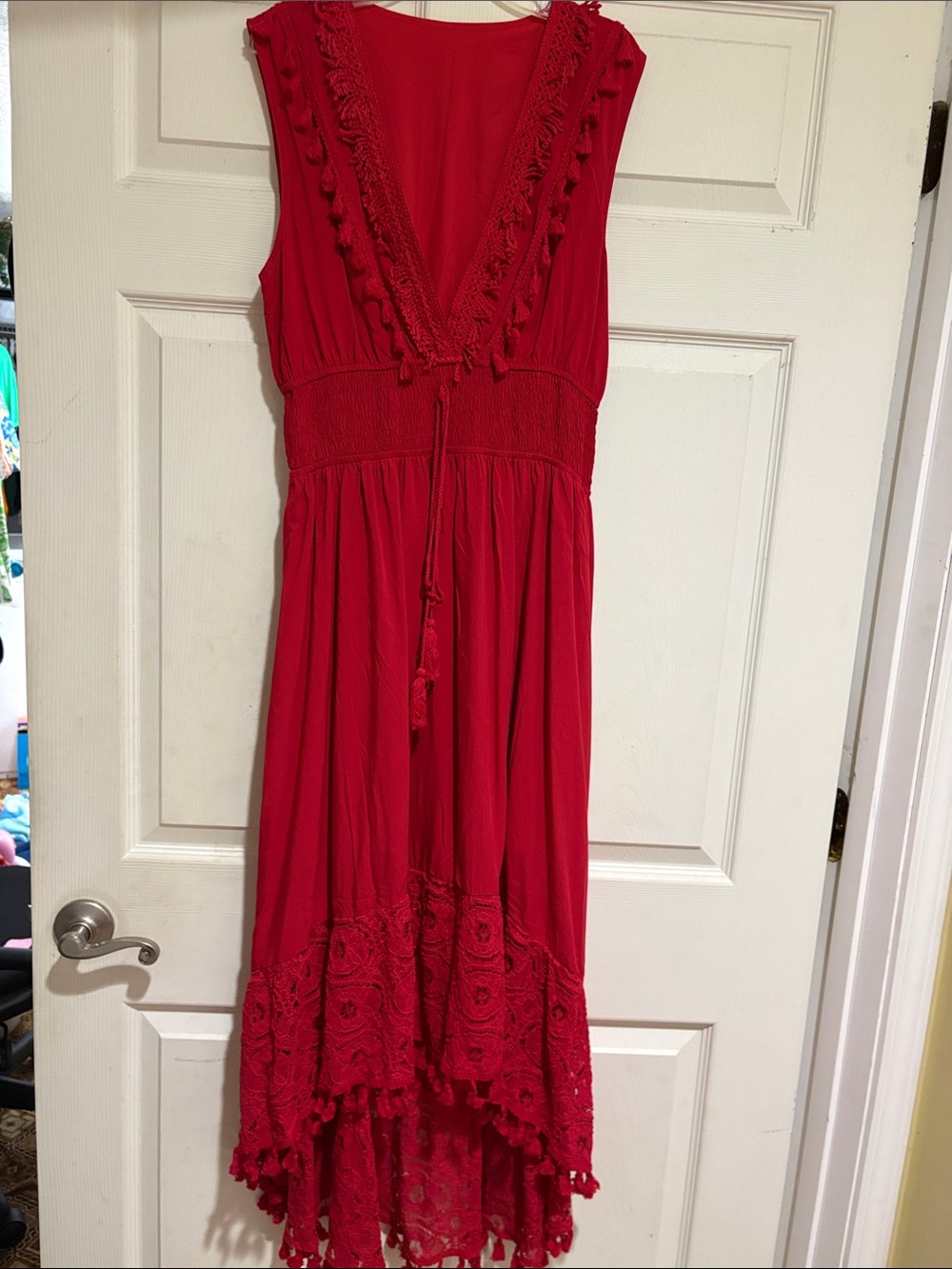 Cupshe Red V‑Neck Tassel High‑Low Dress